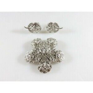 Theda Sterling Silver Catholic Rose Brooch Spin Back Earrings Marcasite Accented